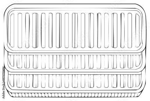 Simple line drawing of three stacked ribbed plastic organizers or food trays