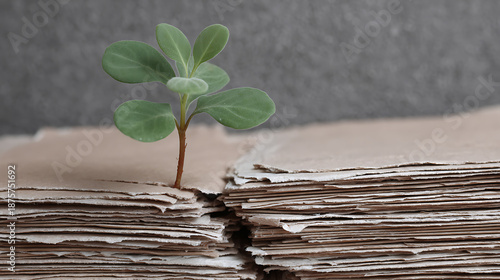Small green plant sprouting from stack of recycled paper sheets