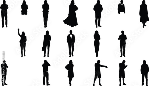 Silhouettes of people in various standing poses and outfits including casual, formal, and dress styles for fashion and vector design