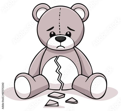 Sad Damaged Teddy Bear with Tears Shows Broken Heart and Loss on White Background