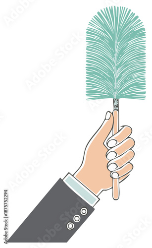 Cartoon hand in suit holding green dust duster for household or office cleaning tasks