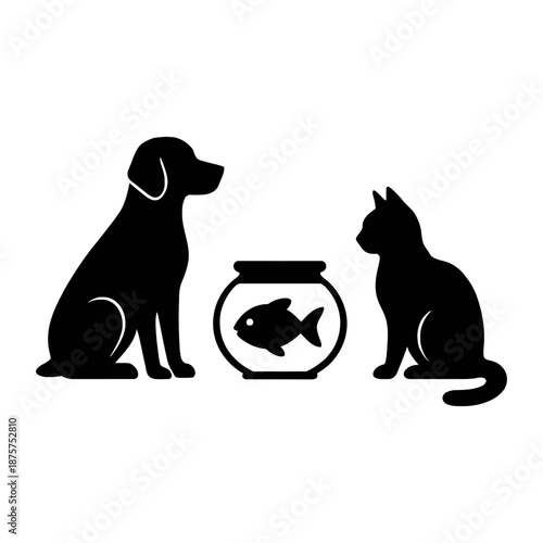 Curious pets around fish bowl