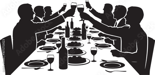 Silhouette of people toasting with wine glasses at a dinner table with bottles and plates