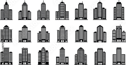 Silhouettes of modern high-rise buildings and skyscrapers with diverse architectural styles for urban planning, cityscape, and vector design content