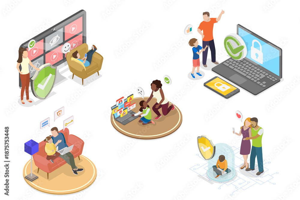 Naklejka premium 3D Isometric Flat Illustration of Internet Cyber Safety, Parental Control