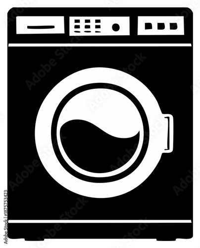 Graphic style front-loading washing machine illustration with digital controls for laundry service