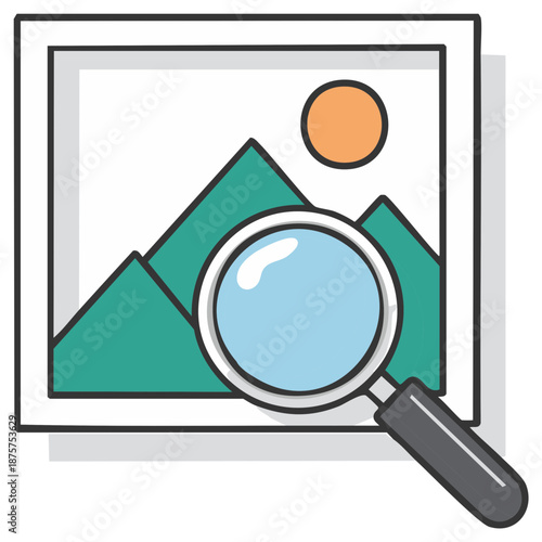 Magnifying Glass Searching a Framed Picture with a Mountain Landscape Illustration