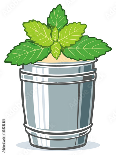 Refreshing Mint Growing in a Metal Bucket Garden Illustration