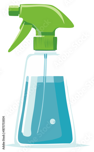 Illustration of a green and clear spray bottle with blue liquid inside.