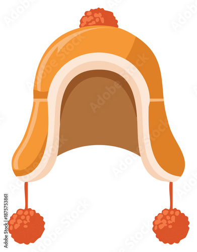 Winter Trapper Hat Illustration - Orange with Ear Flaps and Pom Poms for Cold Weather