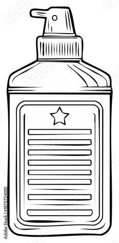 Line art illustration of a pump spray bottle for liquid products, featuring a blank label with a star design