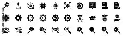 Artificial Intelligence Icons Pack, Robotics, Machine Learning, Neural Networks, Cloud Computing, Data Science Illustration