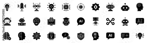Artificial Intelligence Icons Pack, Robotics, Machine Learning, Neural Networks, Data Analysis, Digital Communication Illustration