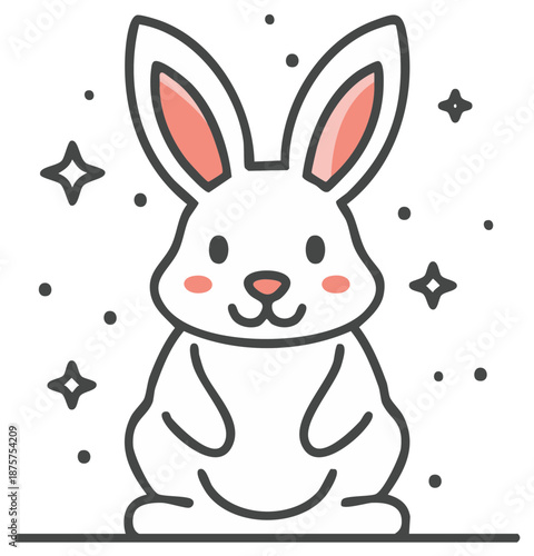 Cheerful white rabbit illustration with pink inner ears and rosy cheeks surrounded by magical stars and dots