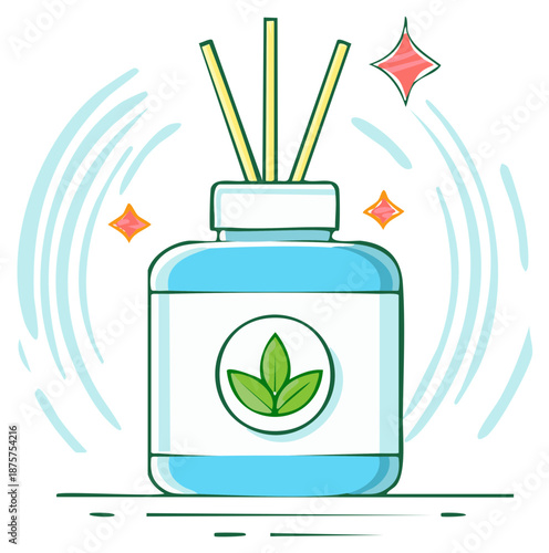 Aroma diffuser with plant leaves illustration for home fragrance and relaxation