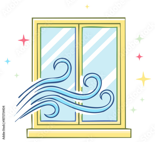 Open window with fresh air blowing through illustration style and sparkling stars, ventilation