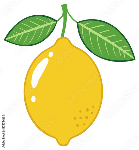 Bright yellow lemon with green leaves and stem, clean simple illustration