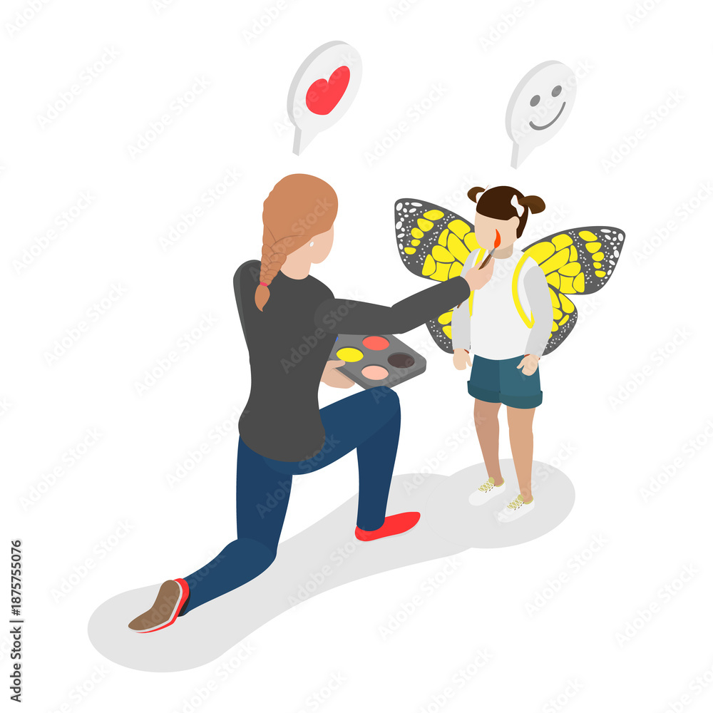 Fototapeta premium 3D Isometric Flat Illustration of Face Makeup, Skilled Female Animator Transforms ChildS Face Into Butterfly
