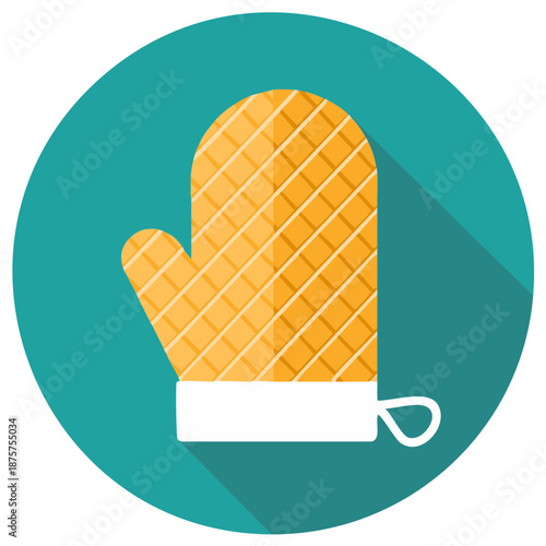Modern flat design icon of an orange quilted oven mitt representing kitchen safety and baking