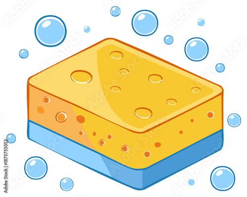 Yellow washing sponge with blue scrub pad and soapy bubbles cartoon illustration