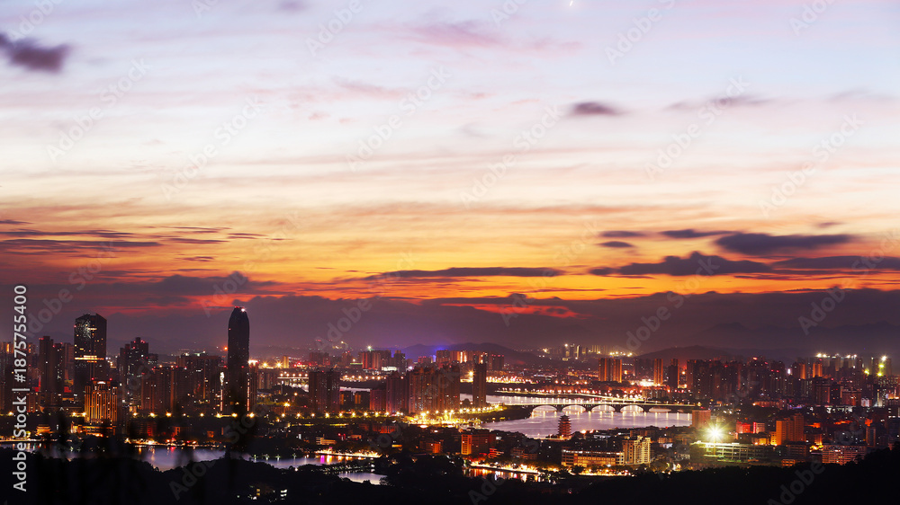 Naklejka premium Huizhou City Skyline at Sunset, Guangdong Prefecture, China