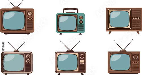 Flat design set of 6 retro television sets crt tv portable tv console tv and antenna tv