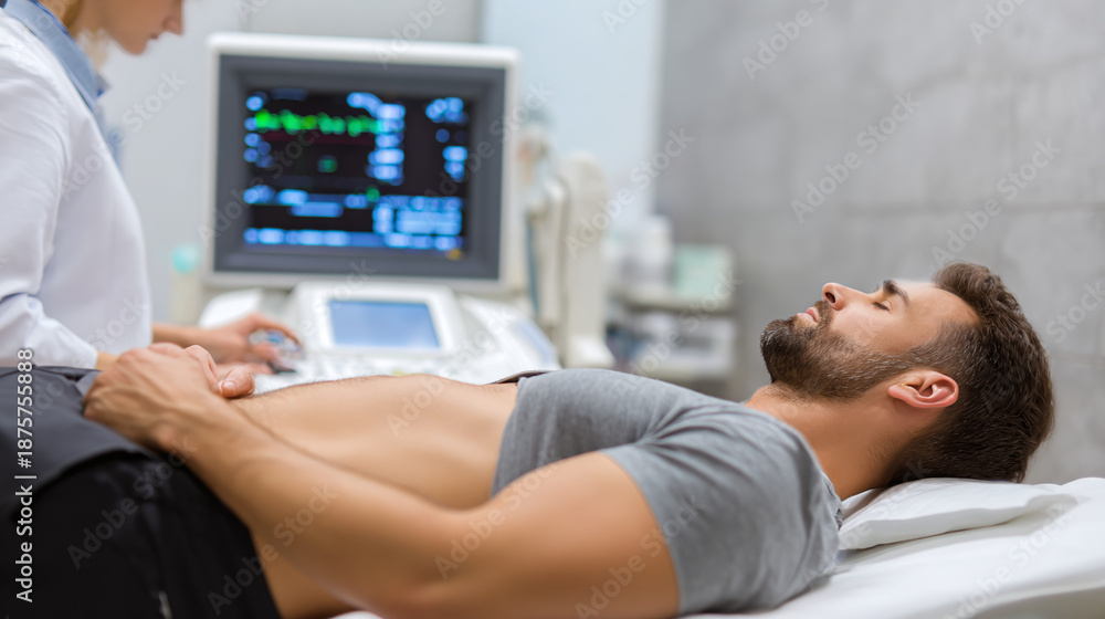 Fototapeta premium Patient undergoes ultrasound examination, doctor operating machine. Medical professional uses sonography to assess health, lying down on the table.