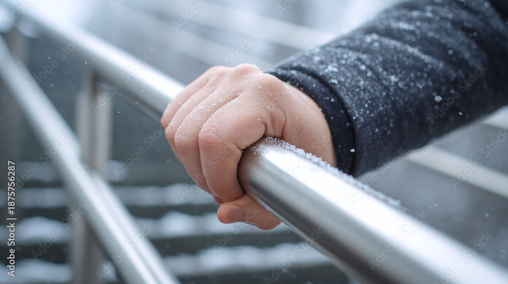 Obraz premium A gloveless hand gripping a cold, silver metal railing on a snowy day, offering support and stability while navigating icy steps outdoors.
