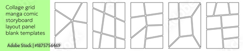Professional storyboard collection with various manga frame sizes and shapes. Graphic comic book grid for shot planning, anime scene sequences, and magazine photo mosaic layouts.