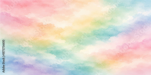 An abstract watercolor background blending a colorful sky of bright clouds and sunlight during a beautiful sunset with hues of blue orange and red