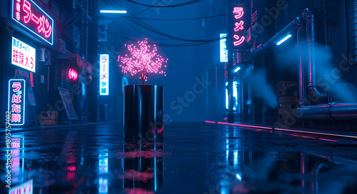 Neon pink cherry blossom tree glowing in dark futuristic Japanese alleyway.