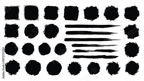 Collection of black grunge brush strokes, paint splashes, and isolated ink blotches for overlay design