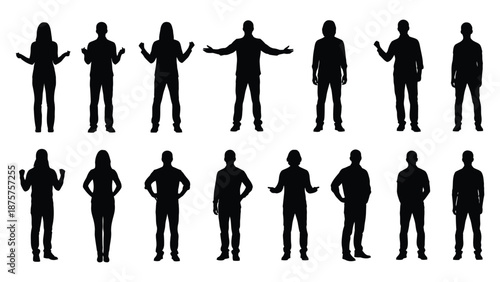 Collection of black and white human silhouette figures showing various standing poses and gestures