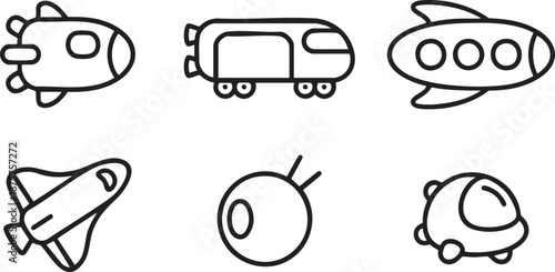 Six simple black line of various vehicles including rockets and a train spaceship shuttle
