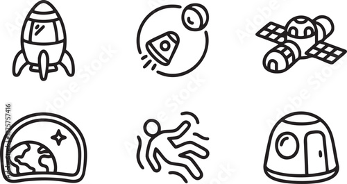 Collection of six black outline depicting space exploration and travel rocket satellite astronaut
