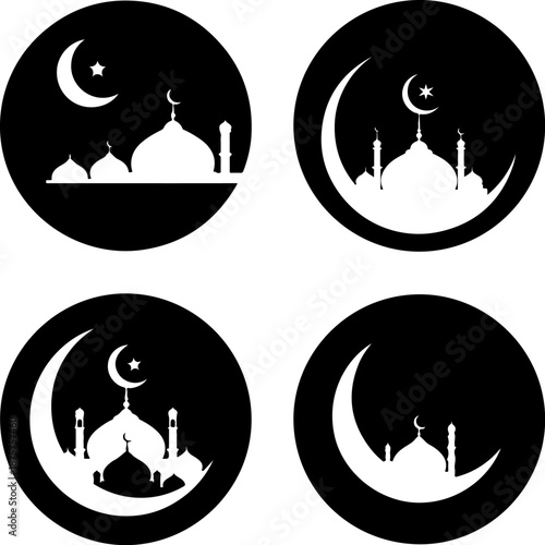 circular flat vector set of mosque crescent moon and star for islamic design