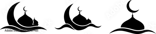 Black vector mosque dome silhouettes with crescent moon  collection