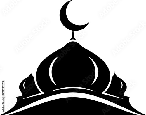 Stylized black mosque dome silhouette with crescent moon vector for islamic branding
