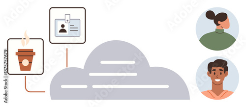 Remote work, cloud storage, online access, networking, user profiles, digital collaboration. Cloud graphic with ID card, coffee cup and user avatars. Remote work and cloud storage concept