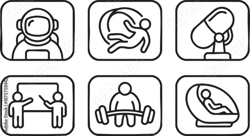 Six simple black line depicting astronaut weightlifting teaching and capsule space suit helmet
