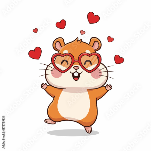 valentine's day theme cute Hamster Wearing Heart Glasses, Waving, with Hearts - Adorable Cartoon