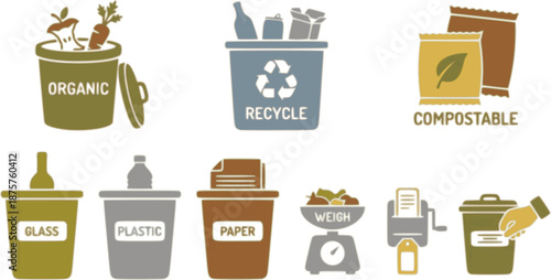 kitchen food waste sorting and recycling icons Includes organic scraps, compostable packaging, glass, plastic, and paper separation bins alongside a food waste scale and labeling icons. 