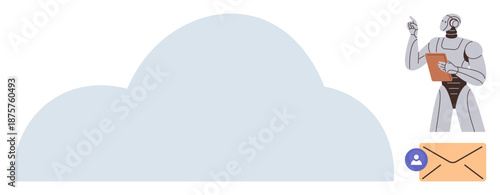 Cloud technology, AI automation, email management, data analytics, digital security, user profiles. Robot holding clipboard, accompanied by cloud envelope and user icon. AI automation and cloud