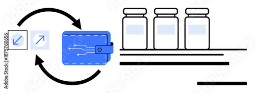 Digital payments, financial transactions, medical supplies, e-commerce, pharmaceutical supply chain, digital healthcare. Wallet with circuit design, arrows and medicine bottles. Digital payments