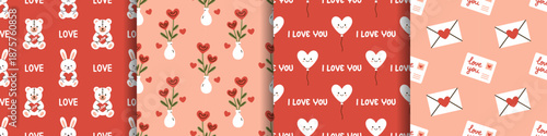 Vector cute seamless pattern set with i love you text, balloon, letter on red, pink background. Romantic valentine print collection for wrapping paper, textile, fabric, wallpaper, holiday gift design.