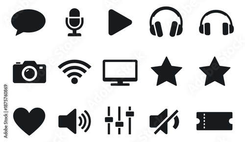 Flat digital media icon set featuring communication, entertainment, and technology symbols for web and app design