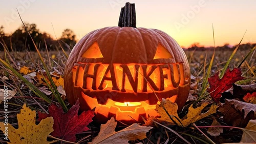 Thanksgiving Pumpkin Carving Displayed with Thankful Message at Sunset.