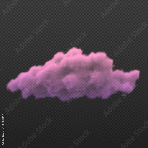 Pink soft fluffy cloud vector realistic illustration, weather forecast cloudy symbol, meteorology, mist, haze, smoke fog