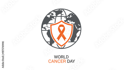 World cancer day illustration with orange ribbon and shield on global map symbolizing hope and protection against cancer worldwide