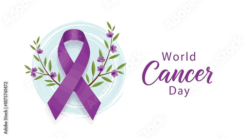 Purple awareness ribbon with flowers for world cancer day campaign symbolizing hope and support